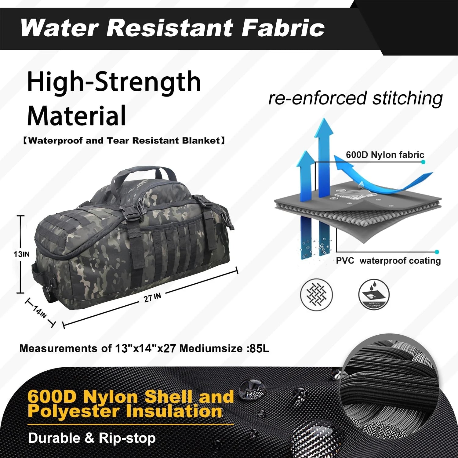 3 in 1 Military Backpack Travel Duffle Bag for Weekender Gym Traveling Workout Deployment