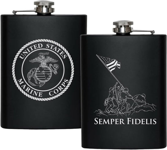 Stainless Steel Hip Flask for Liquor – Matte Black, Great Gift Idea for Marines | USMC 8Oz Flask Black