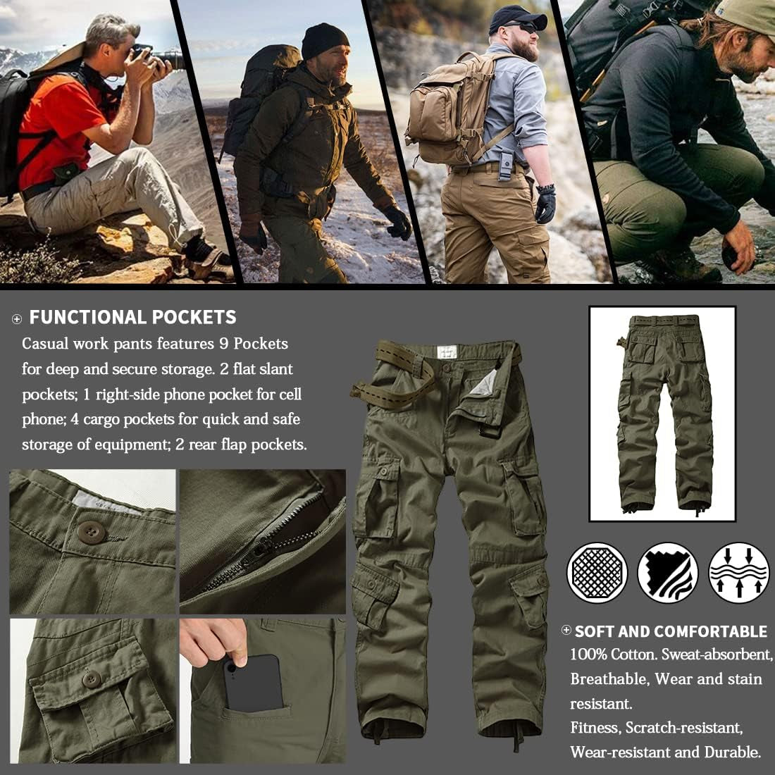 Men'S Casual Relaxed Fit Cargo Pants with Pockets, Outdoor Camo Cotton Work Pants for Men(No Belt)