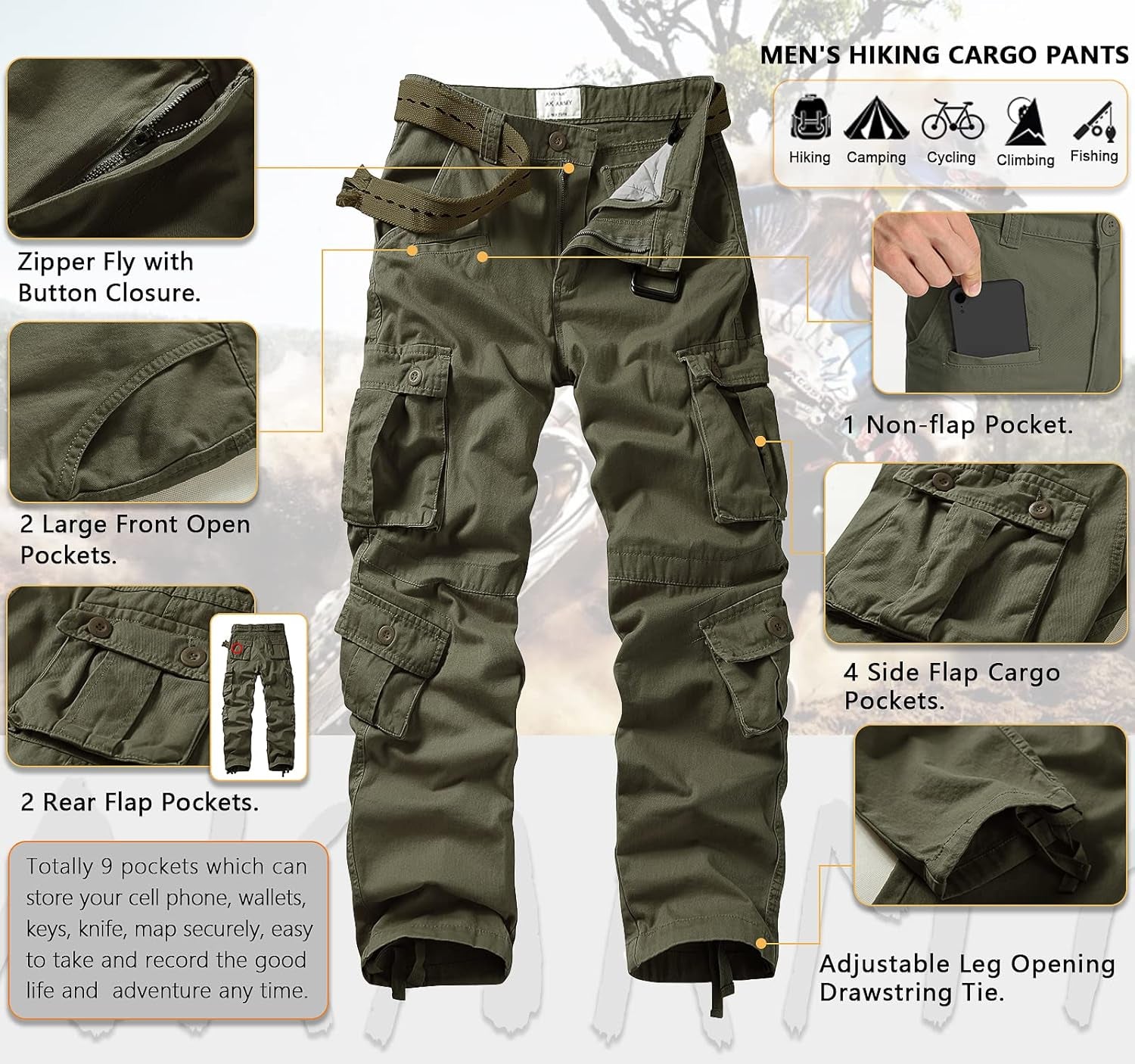 Men'S Casual Relaxed Fit Cargo Pants with Pockets, Outdoor Camo Cotton Work Pants for Men(No Belt)